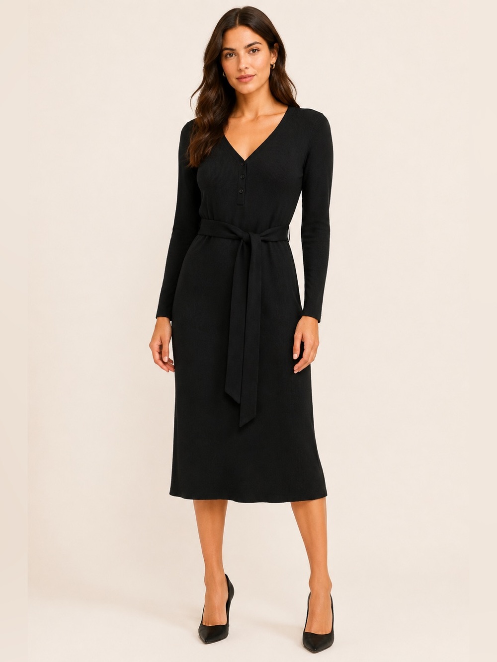 Bishop + Young Black Ribbed Henley Sweater Dress Tie Waist NWT Size Medium